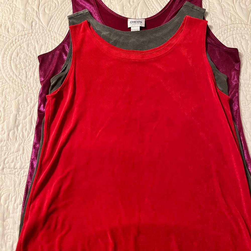 CHICO’S TANK TOPS, GREY SPARKLE PINK AND RED SIZE 1 and 2, YOU GET THREE!